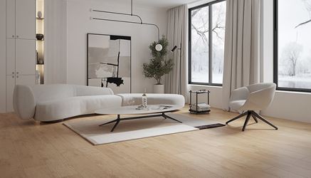 Salon w stylu skandynawskim z podłoga w drewnianym wykończeniu