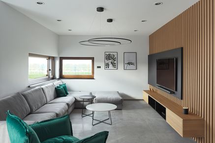 Salon z szarą kanapą, betonowymi płytkami na podłodze i drewnem na ścianie