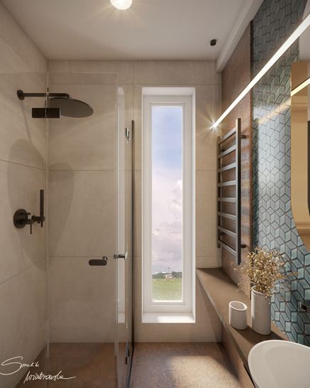 Wnętrze łazienki z prysznicem i oknem 