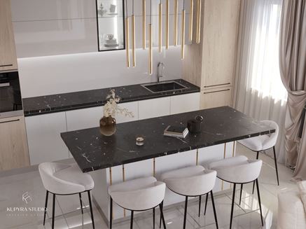 Biała wyspa-stół z czarnym blatem w kuchni glamour