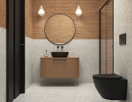 Szaro-brązowa łazienka z czarną ceramiką i kabiną wnękową