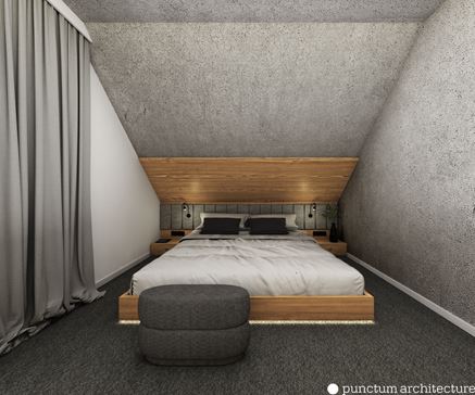 Sypialnia w betonie z drewnem na skosie