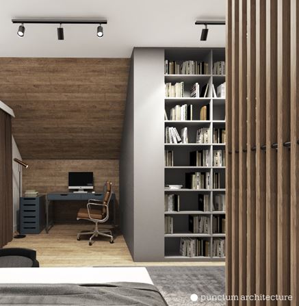 Biblioteczka w sypialni z kącikiem do pracy w drewnie