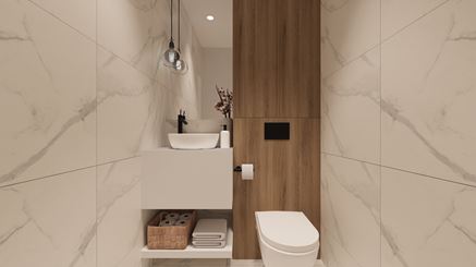 Mała toaleta z marmurowymi płytkami i drewnem