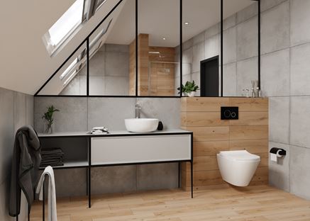 Drewno i beton w nowoczesnej łazience na poddaszu