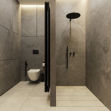 Prysznic we wnęce i strefa WC w kamieniu