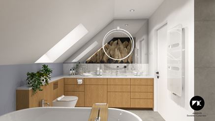 Biała łazienka na poddaszu z drewnianymi szafkami