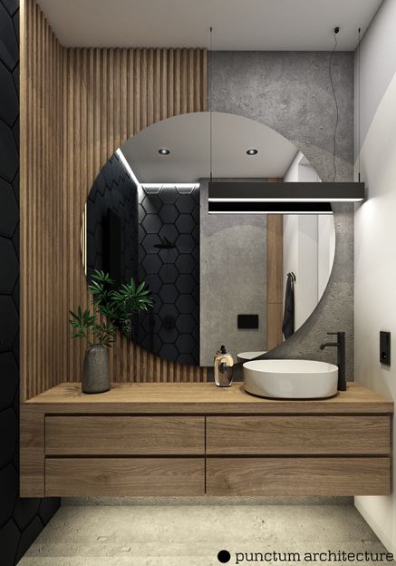 Beton, drewno i czarne heksagony w projekcie łazienki