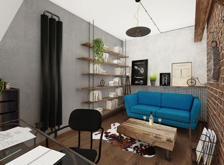 Mały gabinet loftowy z niebieską kanapą