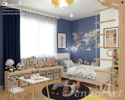 Pokój dla chłopca w skandynawskiej aranżacji z kolorem niebieskim