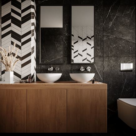 Biało-czarna jodełka w stylowej łazience Dunin Royal