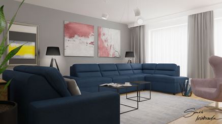 Salon w stylu loft z niebieską kanapą