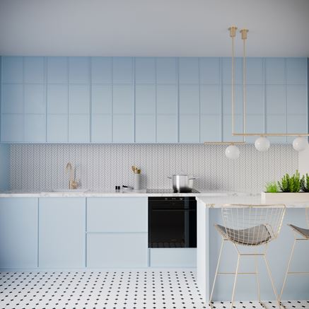 Biało-błękitna kuchnia z mozaiką Dunin