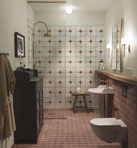 Łazienka retro z prysznicem i czerwonymi płytkami