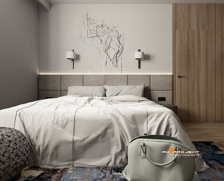Sypialnia z grafiką za wezgłowiem łóżka