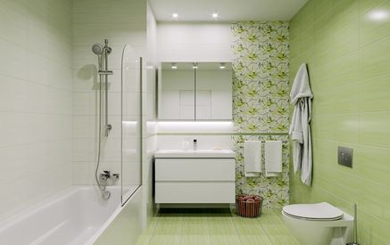 Aranżacja zielonej łazienki z florystyczną ścianą