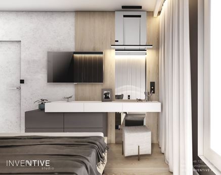 Sypialnia w jasnym drewnie i betonie