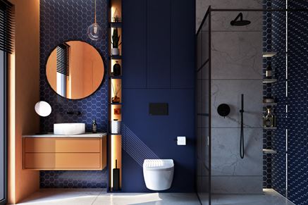 Granatowa łazienka z mozaiką