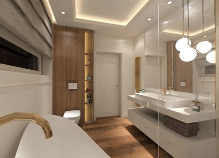 Elegancka łazienka z drewnem na podłodze