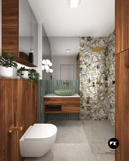 Łazienka z oliwkową umywalką i zielonkawym kamieniem