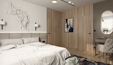 Drewniany fornir, grafiki i beżowe panele frezowane na ścianach sypialni