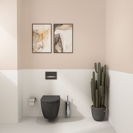 Pastelowa łazienka z antracytowa, podwieszaną miską WC