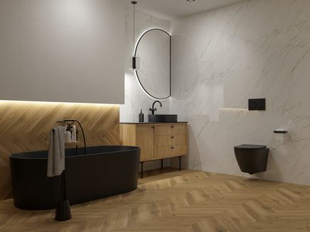 Marmurowe wykończenie ścian w łazience z jodełkową podłogą