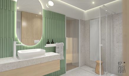 Szaro-zielona łazienka z dekoracyjną, zieloną ścianą 3d