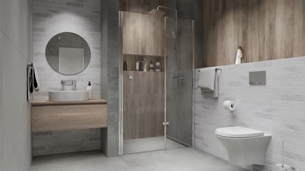 Aranżacja łazienki z drewnem i cegłą