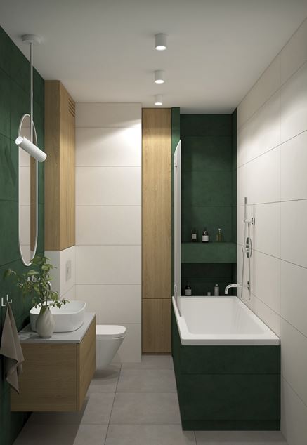Biało-zielona łazienka z wanną w zabudowie