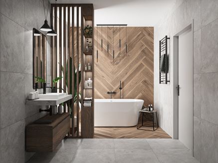 Szara łazienka z jodełkową ścianą w drewnie