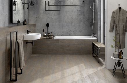 Betonowe i drewniane wykończenie w industrialnej łazience