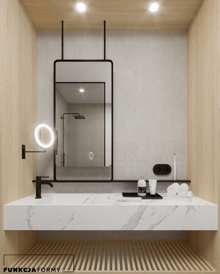 Marmur i drewno w eleganckiej, szarej łazience