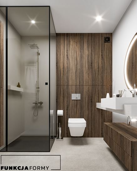 Biała łazienka z drewnem i prysznicem z czarnym brodzikiem