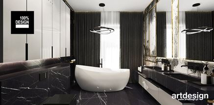 Salon kąpielowy z czarnym marmurem i fantazyjną lampą