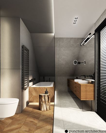 Loftowa łazienka z wanną w drewnie i betonie