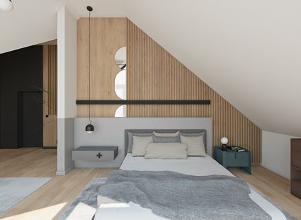 Minimalistyczna sypialnia w drewnie na poddaszu