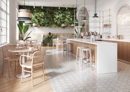 Kawiarnia w skandynawskim stylu z geometryczną podłogą Opoczno Lovely Patchwork