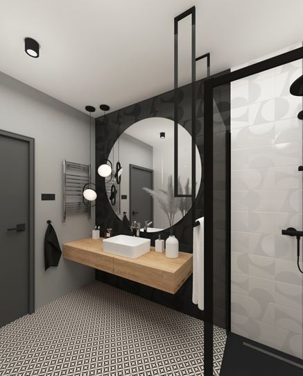 Biało-czarna łazienka z mozaiką na posadzce
