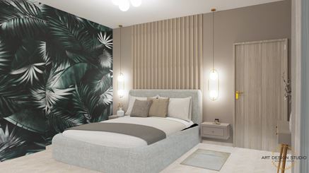 Beżowa sypialnia z drewnem i motywami egzotycznej dżungli