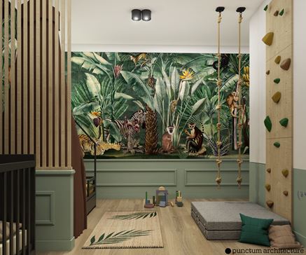 Zielony pokój dziecięcy z linami i ścianką wspinaczkową