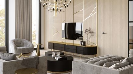 Widok na fornirowany salon ze złotymi elementami glamour