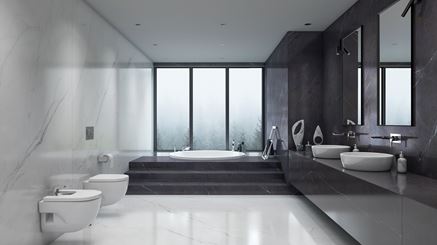 Luksusowy salon kąpielowy w marmurowych płytkach wielkoformatowych