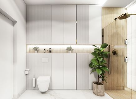 Prysznic z drewnianymi strukturami i białe szafki w łazience