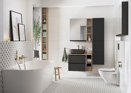 Patchworkowa łazienka z antracytowymi meblami Cersanit Moduo