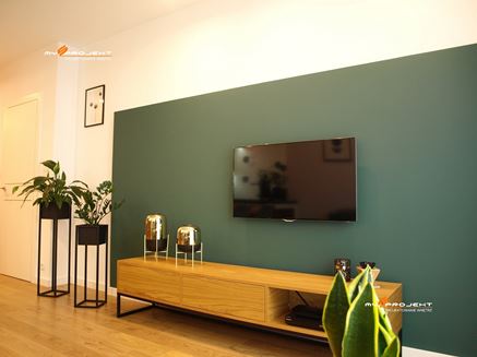 Ściana TV z zielonym akcentem w salonie