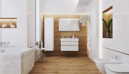 Łazienka w drewnie z białymi akcentami