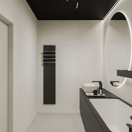 Biała łazienka ze strukturalnymi płytkami i czarnym sufitem