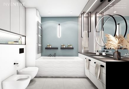 Biało-niebieska łazienka z falistą strukturą na wannie