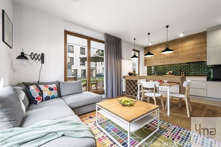 Strefa dzienna skandynawskiego mieszkania z kolorowym dywanem